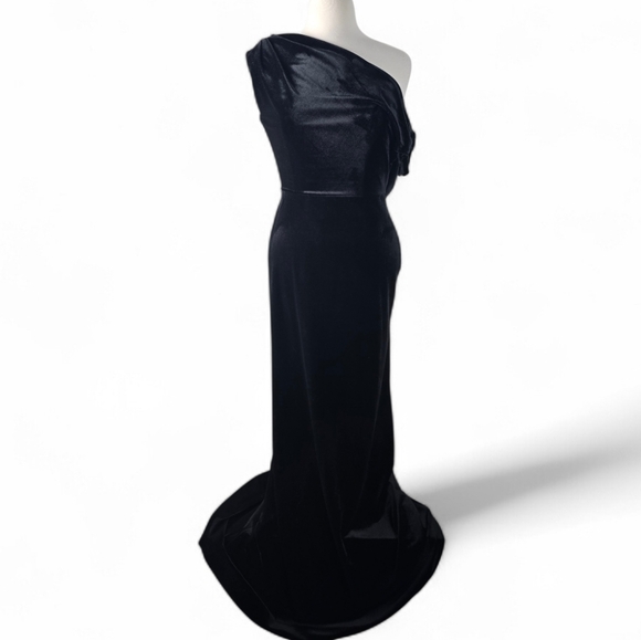 Jenny Yoo Black Velvet Jordan Asymmetrical Shoulder Formal Bridesmaid Dress 10 - Picture 3 of 16